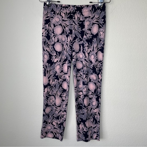 Clara Sun Woo Pink and Navy Blue Floral Jersey Knit Stretch Capri Pull On Pants - Picture 1 of 8